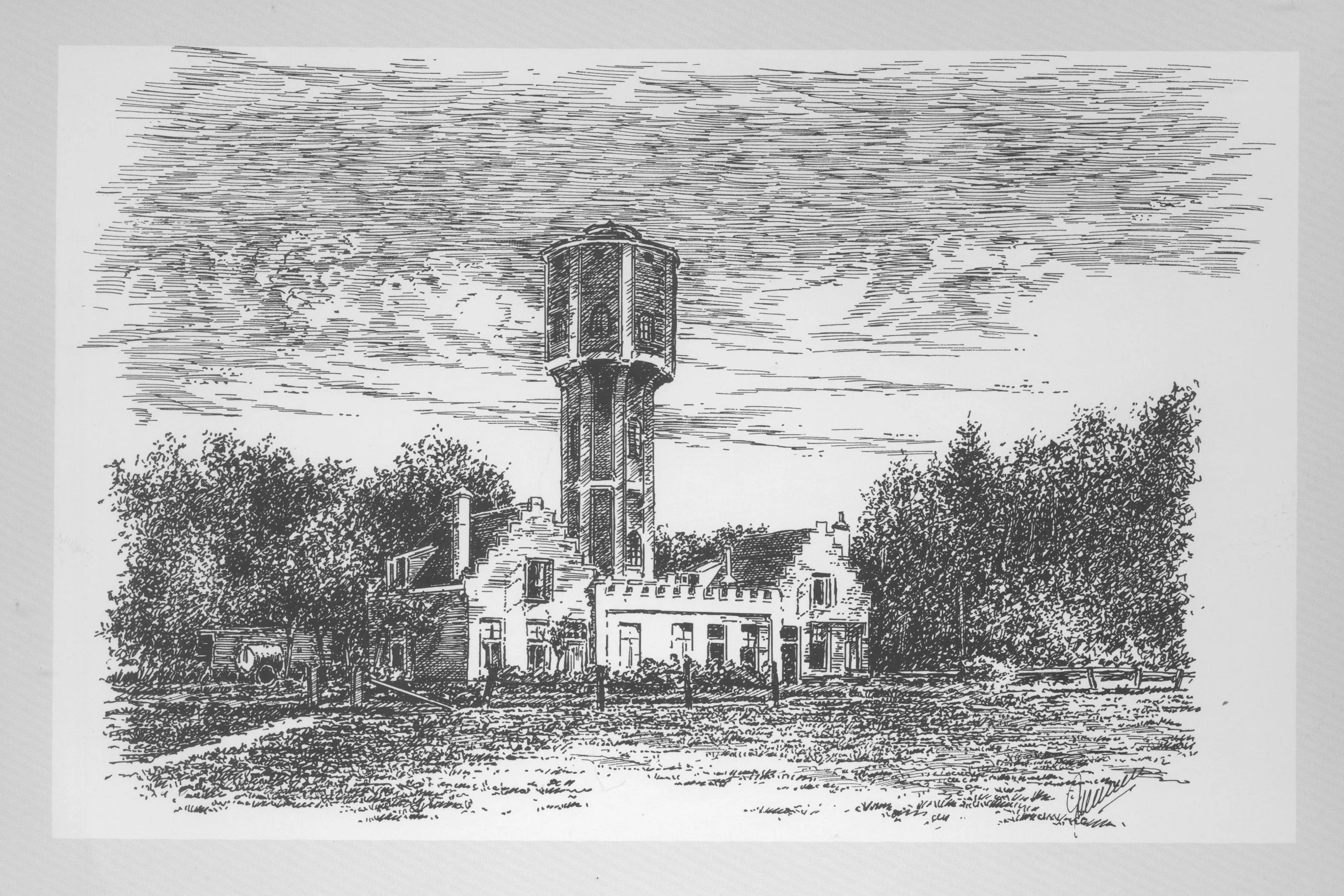 Tekening van de watertoren en het voetbalveld aan de leeuwenlaan in 's Graveland